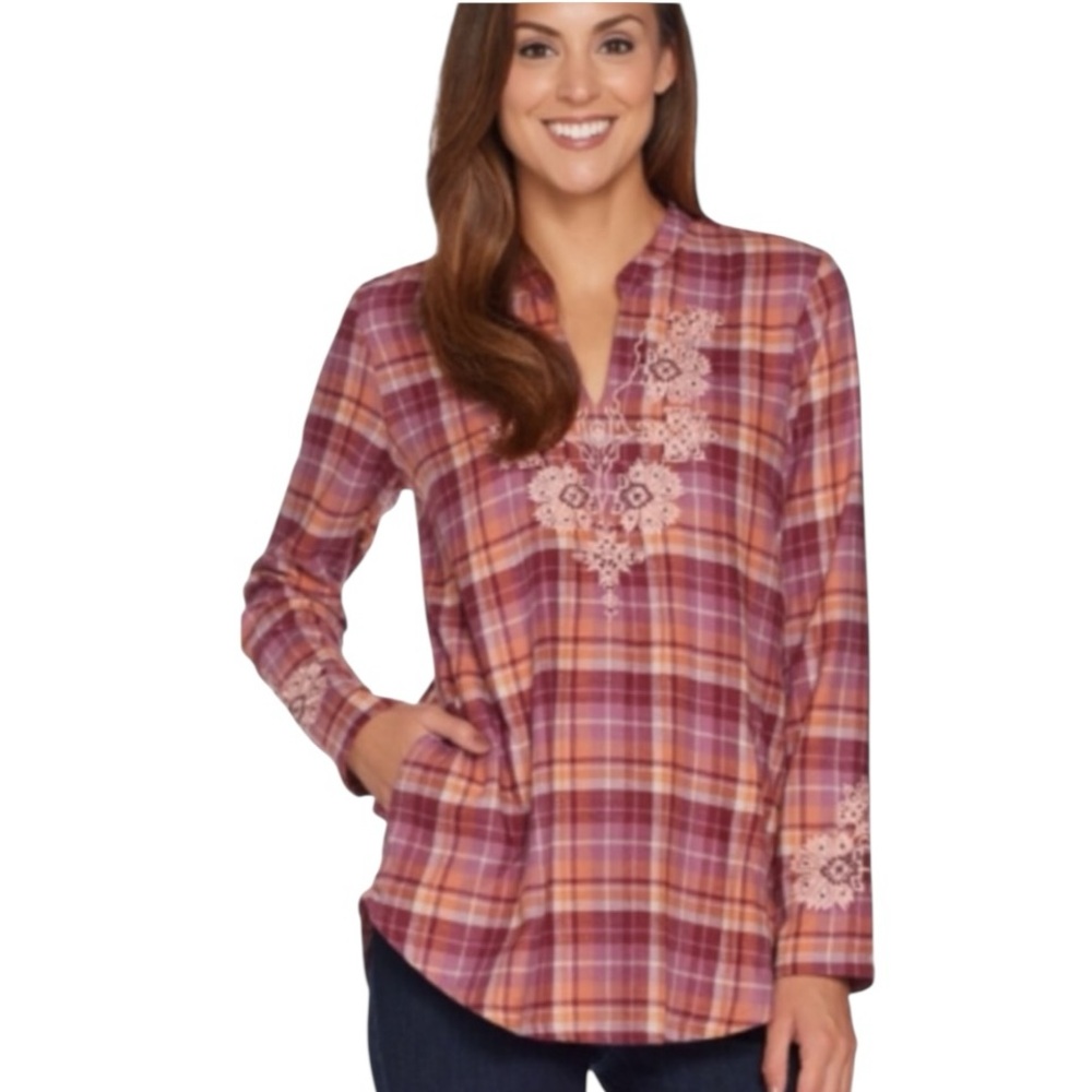 LOGO by Lori Goldstein Plaid Embroidered Tunic Top Size 6 Burgundy Orange Cotton